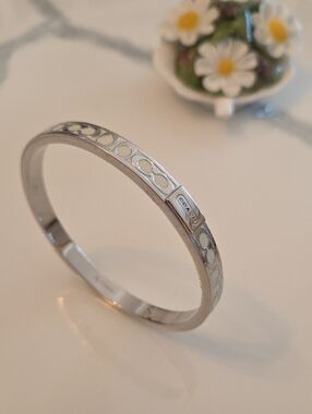 Coach Silver Tone Enamel Signature Hinged Bangle
